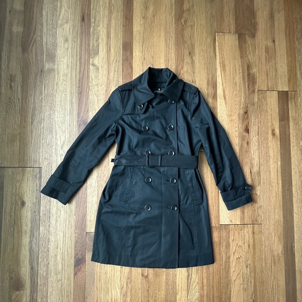 London Fog Black Belted Trench Coat Women’s Sz S Classic Preppy Minimal Academia